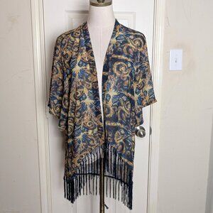 Dr Who BBC Open Jacket Size S Women's Blue Gold Sheer Short Kimono Sleeve Fringe